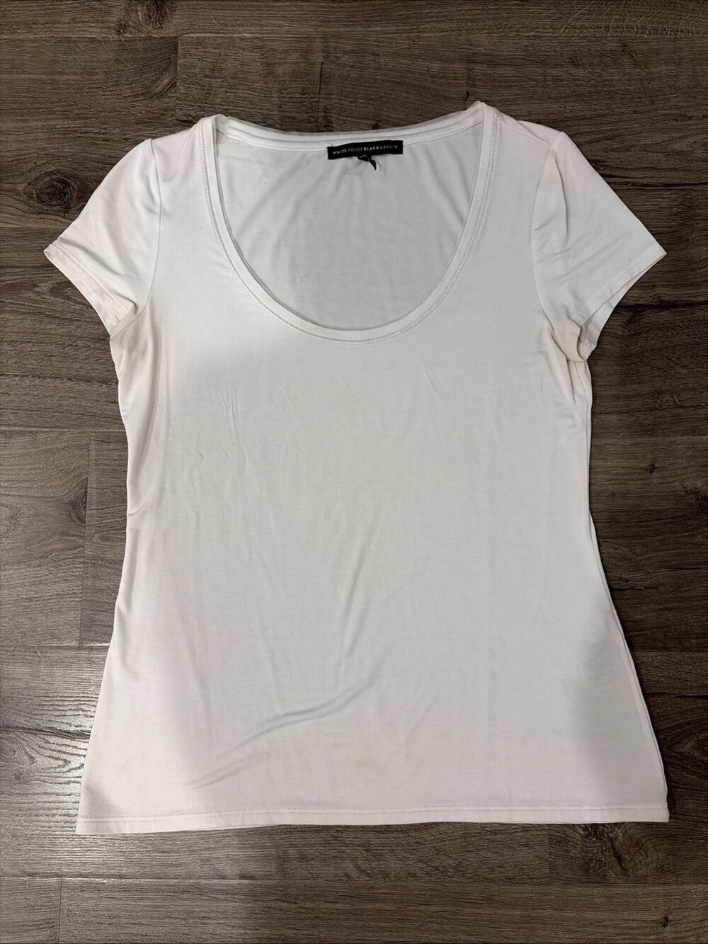 White House Black Market Short Sleeve Shirt White Scoop Neck W/ Trim Size Small